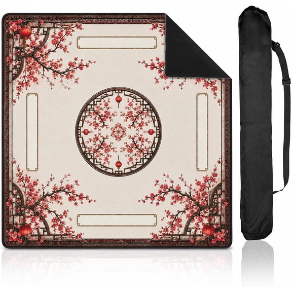 Ruby Blossom Circle Mahjong Mat – Non-Slip Rubber Backing, Soft Fabric Surface for Tiles Cards, American Mahjong Table Cover with Carrying Bag, Game Mat for Board Games & Cards