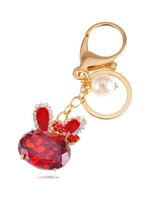 Ruby Bunny Rabbit BowTie Faux Pearl Bead Crystal Rhinestone Keychain