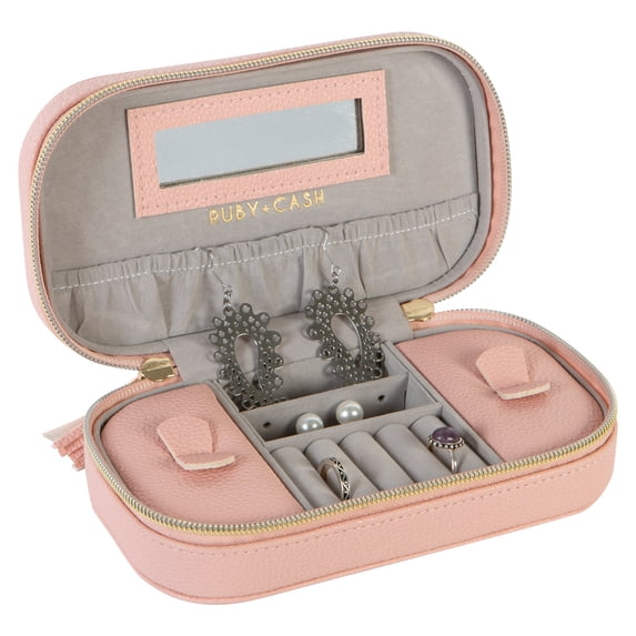 Ruby + Cash Faux Leather Zippered Travel Jewelry Organizer Box in Blush
