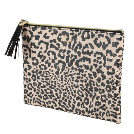 Ruby+Cash Makeup Bag Cosmetic Pouch with Tassel, Leopard Print, Nude