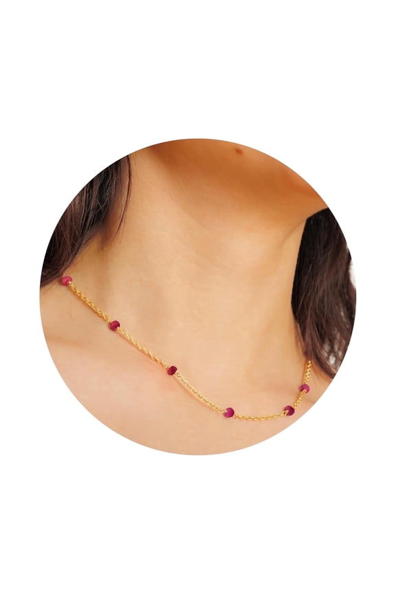 Ruby Necklace - Dainty Choker Beaded - 925 Sterling Silver 18K Gold Plated.
