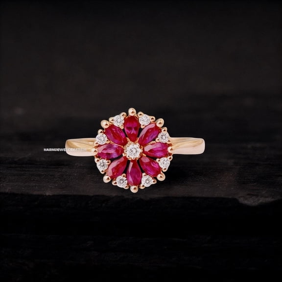 Ruby Cluster Ring Marquise Shape Ruby Flower July Birthstone Engagement Beautiful Wedding gift