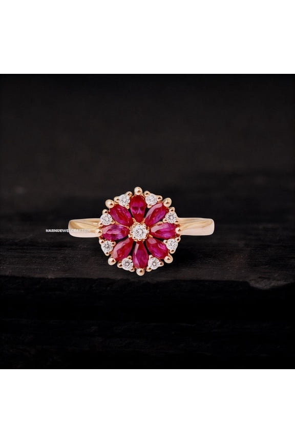 Ruby Cluster Ring Marquise Shape Ruby Flower July Birthstone Engagement Beautiful Wedding gift