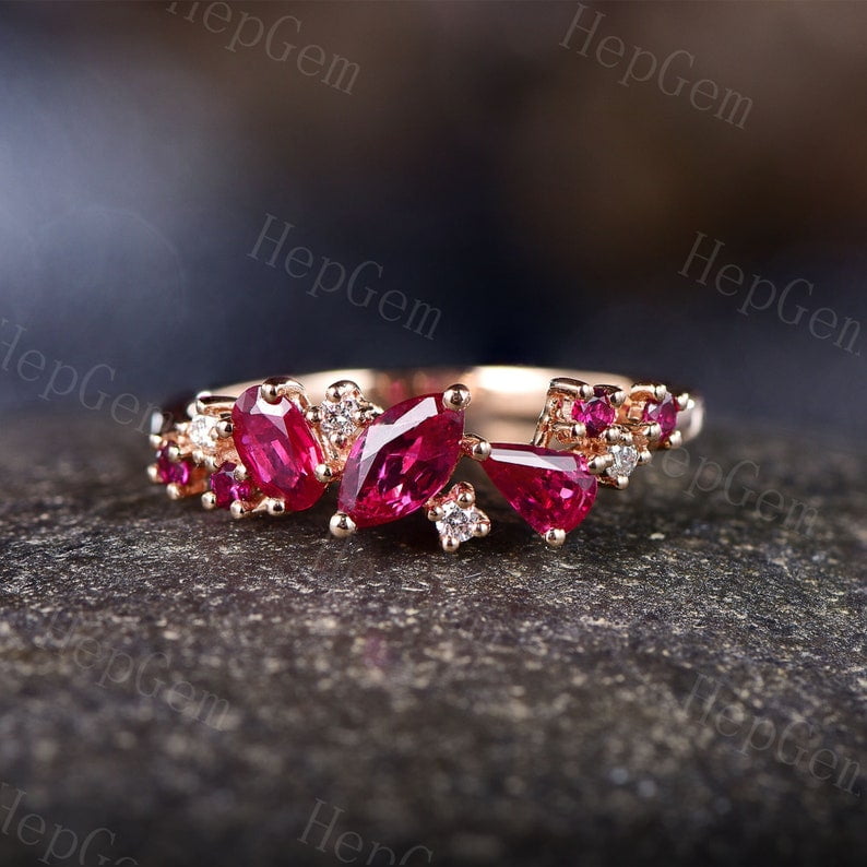 Ruby Cluster Stack Wedding Ring,Silver Rose Gold,Moissanite Anniversary ...