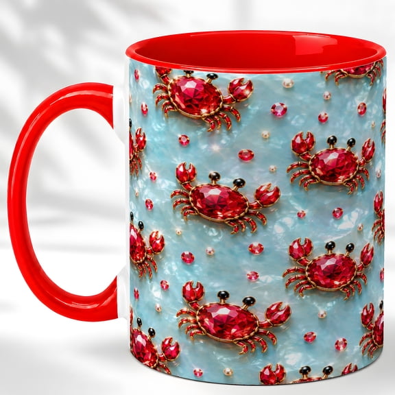 Ruby Crab Coffee Mug, Coastal Pattern Mug, Ceramic Cup