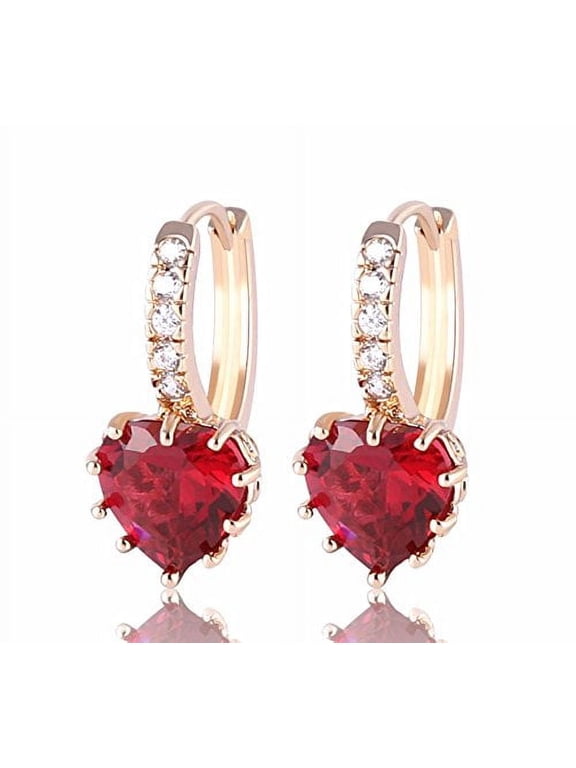 Ruby Crystal Heart Cubic Zirconia Hoop Earrings