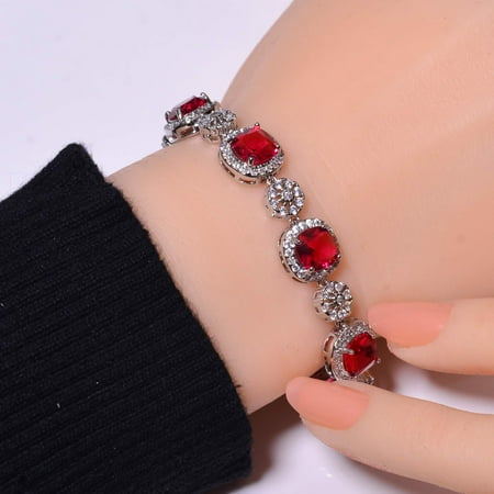 Ruby & Cubic Zirconia 925 Sterling Silver Tennis Bracelet 8.99" B3