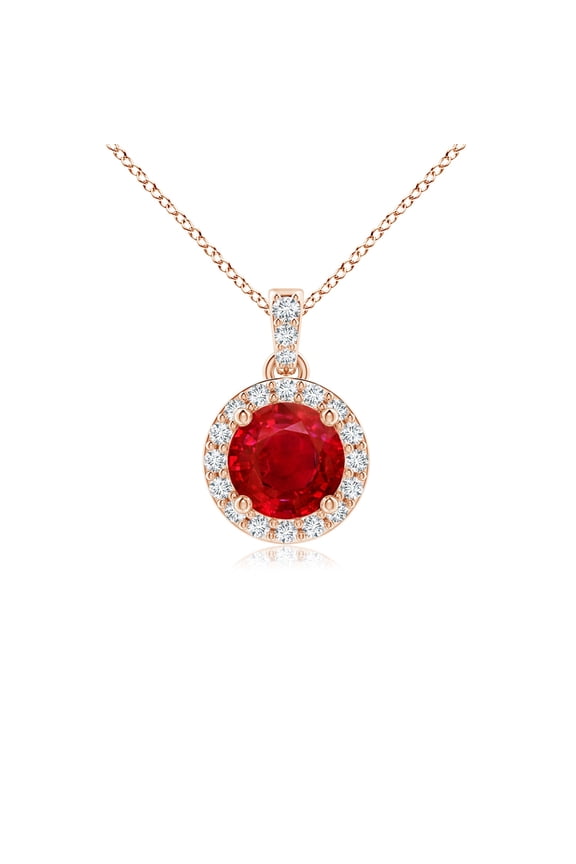 Ruby Dangle Pendant with Zircon Halo - Rose Gold Plated Red Jewelry