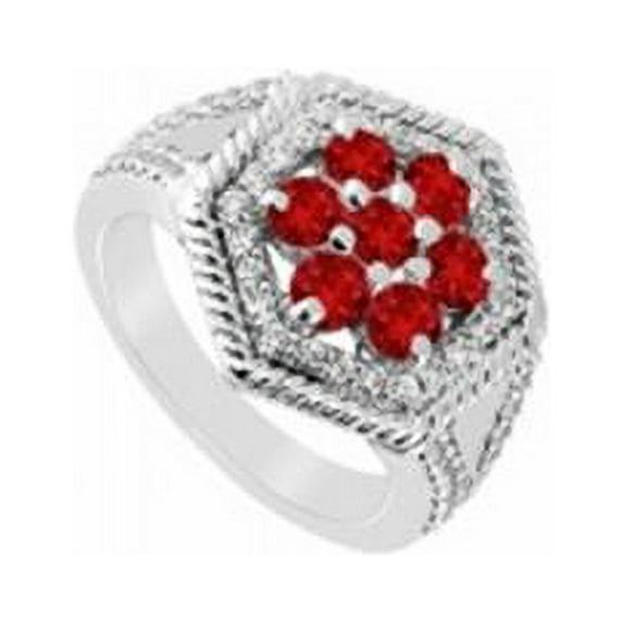 Ruby & Diamond Flower Ring 14K White Gold, 1.50 CT - Size 4