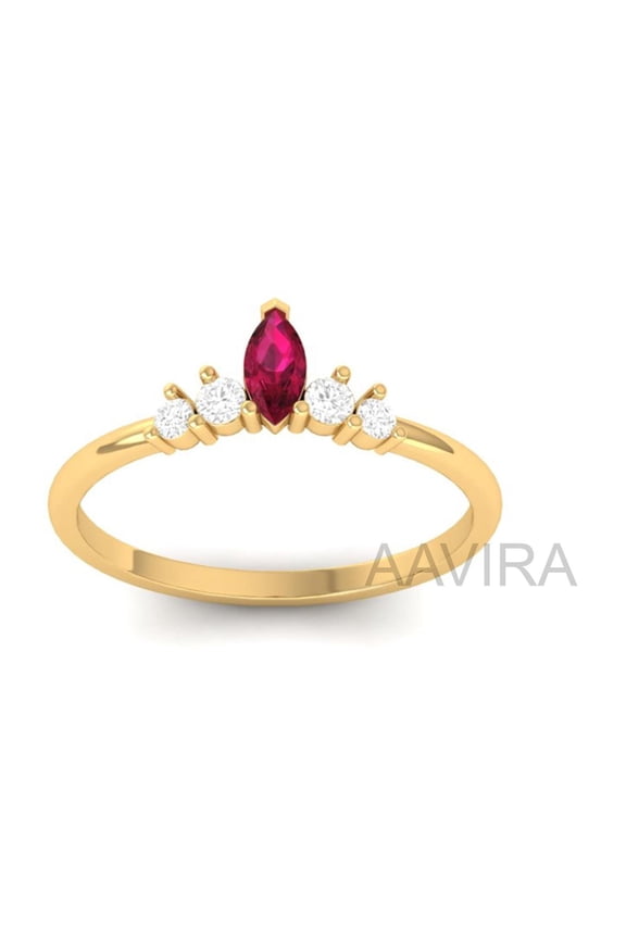Ruby & Diamond Minimalist Marquise Ring, Stackable July Birthstone Ring, Dainty Ruby Ring