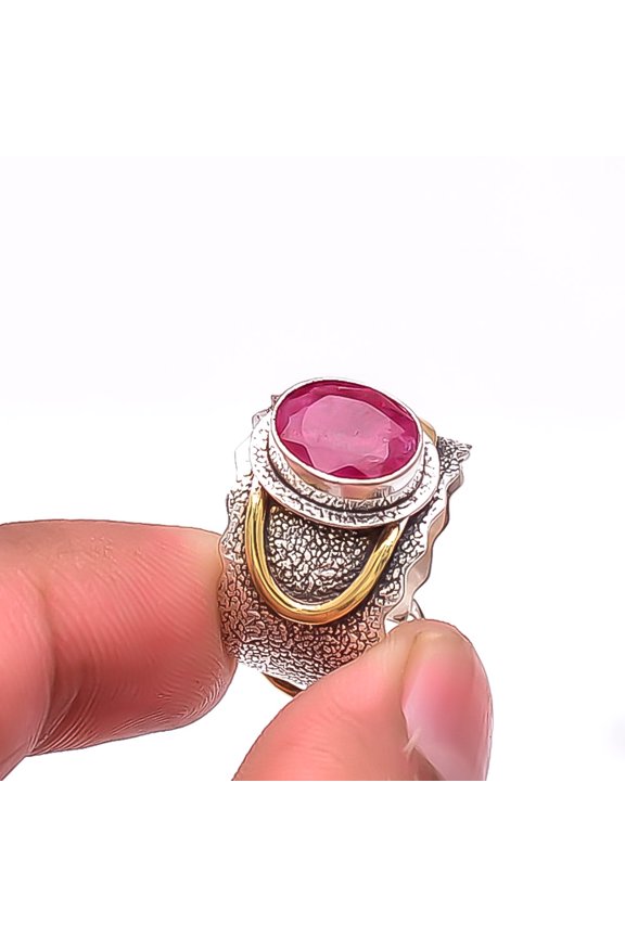 Ruby - Dyed Quartz 925 Sterling Silver Designer Handmade Oxidised Ring S.8.5 R50 Christmas Gift