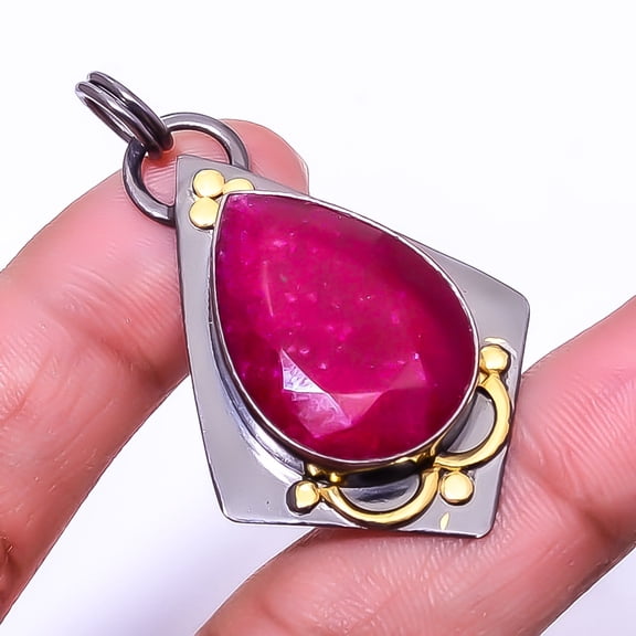 Ruby - Dyed Quartz Designer Handmade 925 Sterling Silver Pendant 1.95" P54