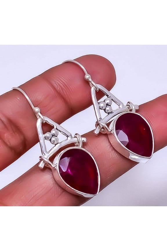 Ruby - Dyed Quartz Designer (Simulated) 925 Sterling Silver Earring 1.64" E92880, Beautiful Jewelry For Woman, New Year Sale, Valentin's Day Gift