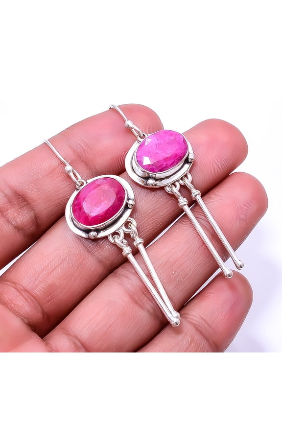 Ruby - Dyed Quartz Designer (Simulated) 925 Sterling Silver Earring 2.22" E92894, Beautiful Jewelry For Woman, New Year Sale, Valentin's Day Gift