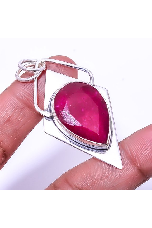 Ruby - Dyed Quartz Designer (Simulated) 925 Sterling Silver Pendant 2.11" P96, Gemstone Jewelry, Birthday Gift, Christmas Gift