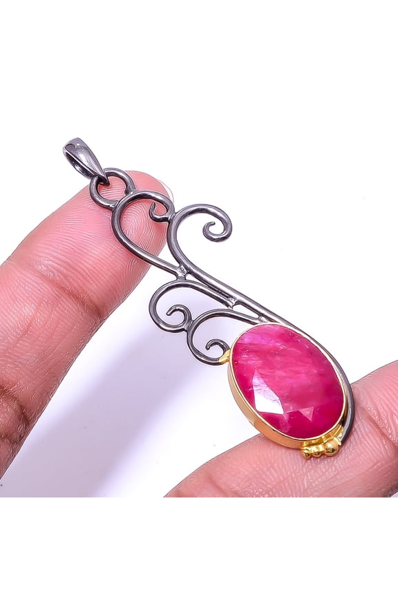 Ruby - Dyed Quartz Designer (Simulated) 925 Sterling Silver Pendant 2.34" P58, Gemstone Jewelry, Birthday Gift, Christmas Gift