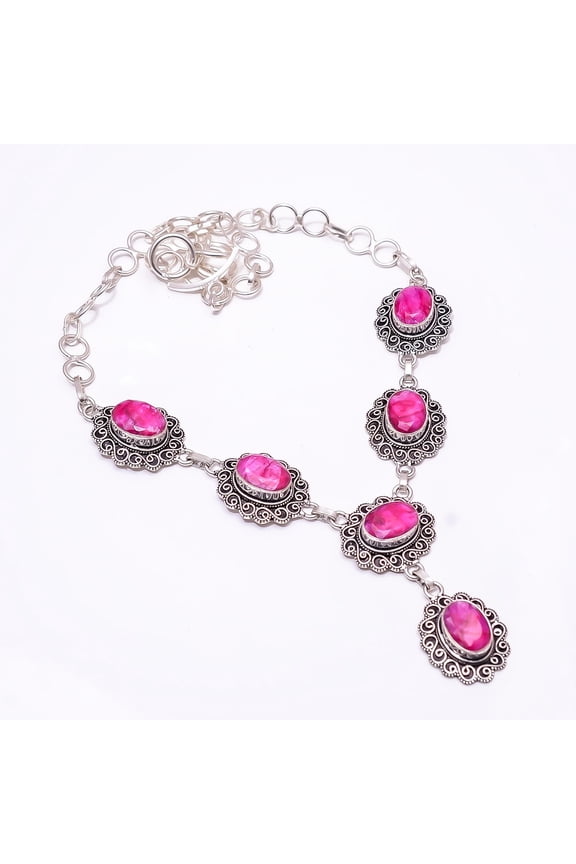 Ruby - Dyed Quartz (Lab-Created) Fine Art 925 Sterling Slver Necklace 17-19" N8, Beautiful Jewelry For Woman, New Year Sale, Valentin's Day Gift