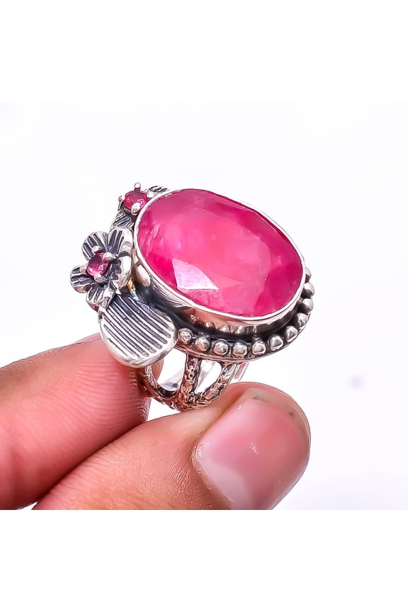 Ruby -Dyed Quartz & Pink Rubellite Tourmaline Oxidised Flower Designer 925 Sterling Silver Ring s.8, Pink Ruby Ring R_9365_307_36