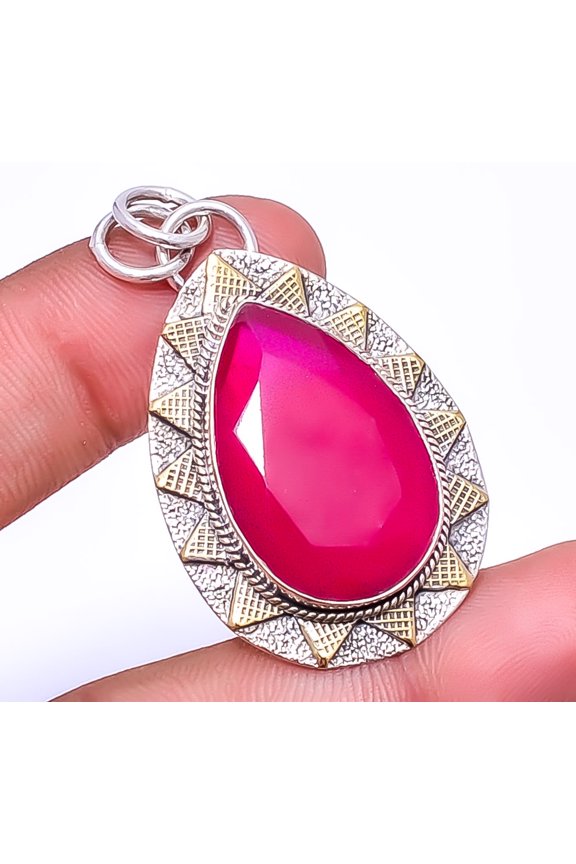 Ruby - Dyed Quartz (Simulated) 925 Sterling Silver Bali Pendant 1.95" P91735152, Beautiful Jewelry For Woman, New Year Sale, Valentin's Day Gift
