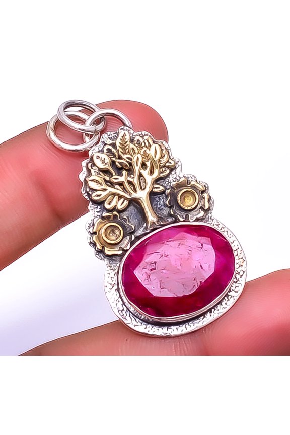 Ruby - Dyed Quartz (Simulated) 925 Sterling Silver Tree Of Life Pendant 1.72" P91785021, Beautiful Jewelry For Woman, New Year Sale, Valentin's Day Gi