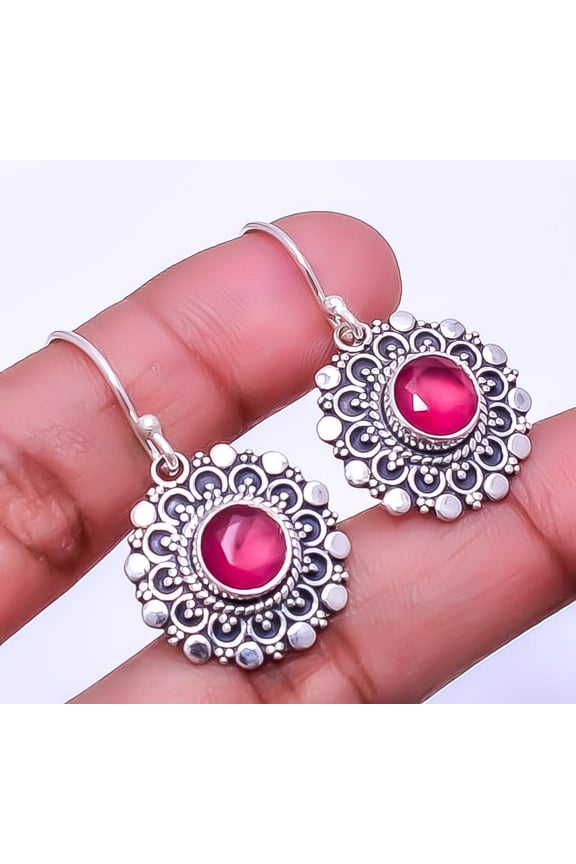 Ruby - Dyed Quartz (Simulated) 925 Sterling Silver Bali Earring 1.33" E93361342, Beautiful Jewelry For Woman, New Year Sale, Valentin's Day Gift