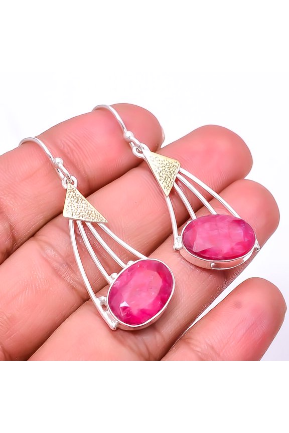 Ruby - Dyed Quartz (Simulated) 925 Sterling Silver Two Tone Earring 1.95" E94668, Handmade Jewelry, Dangle Earring