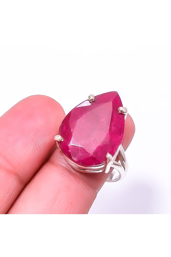 Ruby - Dyed Quartz Solitaire Gemstone Handmade 925 Sterling Silver Ring S.9 R76