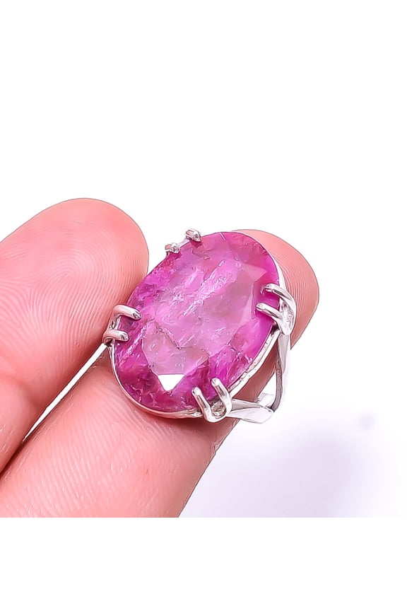 Ruby -Dyed Quartz Solitaire Gemstone Handmade 925 Sterling Silver Ring s.8.5, Pink Ruby Ring R_8024_295_203