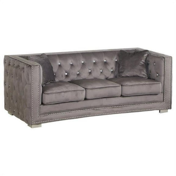 Best Master DeLuca Embellished Fabric Tufted Living Room Sofa in Gray