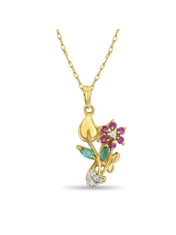 Ruby, Emerald & Diamond Flower Shaped Necklace 14k Yellow Gold - No Chain