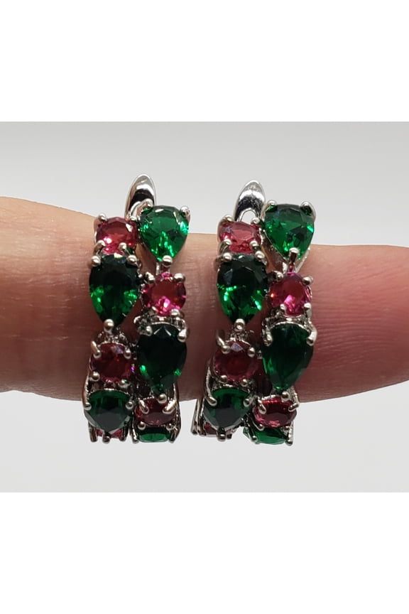Ruby Emerald Sterling Silver Hoop Earrings