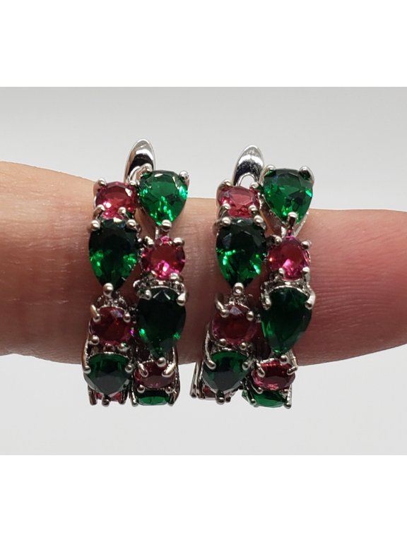 Ruby Emerald Sterling Silver Hoop Earrings