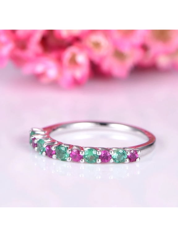 Ruby & Emerald Wedding Band,14K White Gold, Anniversary & Christmas Gift Band