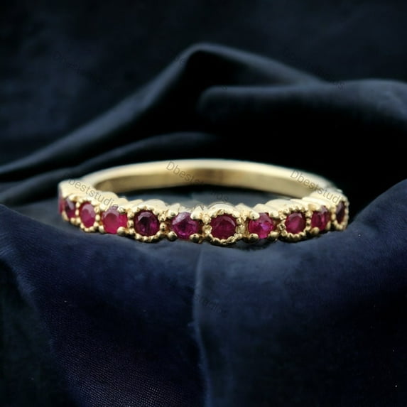 Ruby Eternity Band, Dainty Stacking Band, July Birthstone Ring, Handmade Half Eternity Solid Gold Band, Delicate Stackable Band Gift For Her