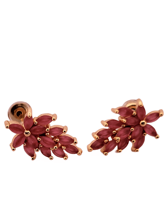 Ruby Flower Gold Stud Earrings