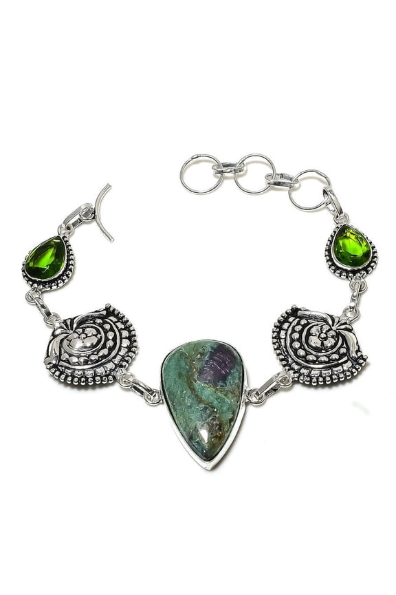 Ruby Fuchsite, Peridot Gemstone Handmade 925 Sterling Silver Bracelet 7-8"