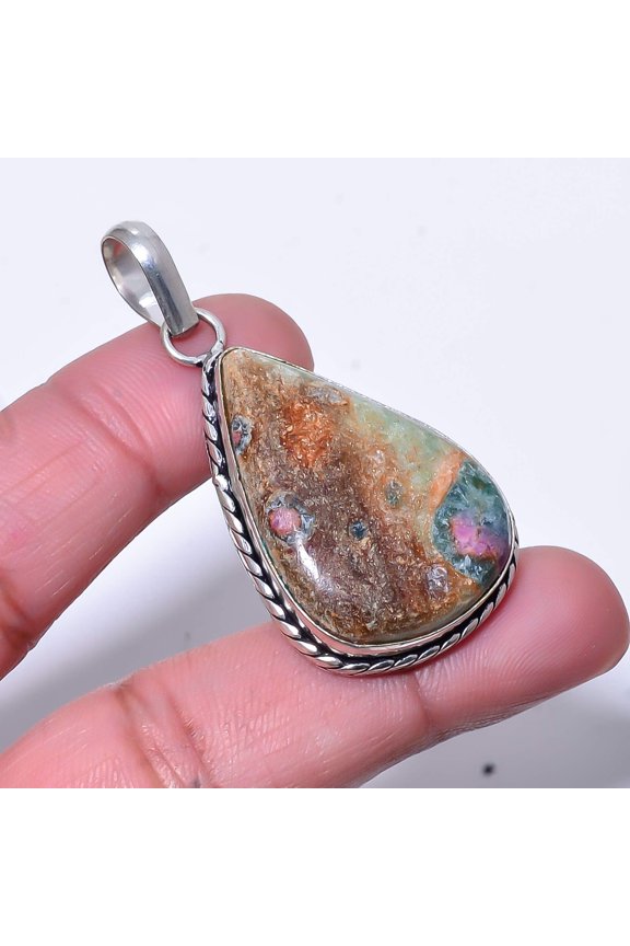 Ruby Fuchsite (Simulated) Gemstone 925 Sterling Silver Pendant 2.03" P53