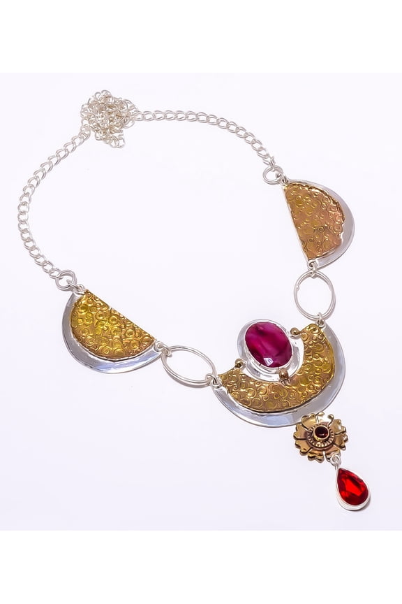 Ruby & Garnet (Simulated) 925 Sterling Silver Two Tone Necklace 17.99" T56, Gemstone Silver Jewelry, New Year Sale, Valentin's Day Gift