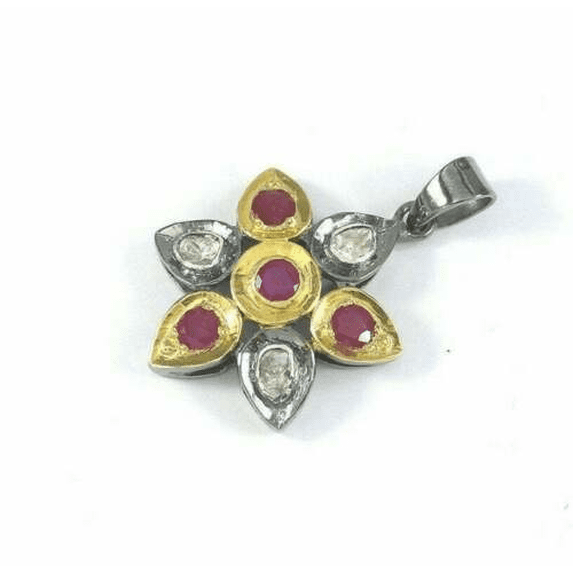 Ruby Gems Pendant 925 Sterling Silver Pendant Polki Diamond Pendant