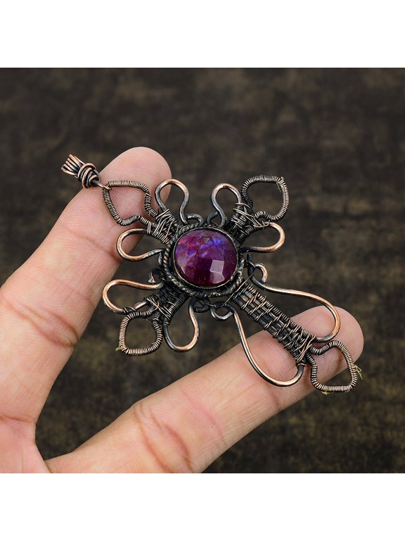 Ruby(Simulated) Gemstone Handmade Copper Wire Wrap Cross Pendant 3.54