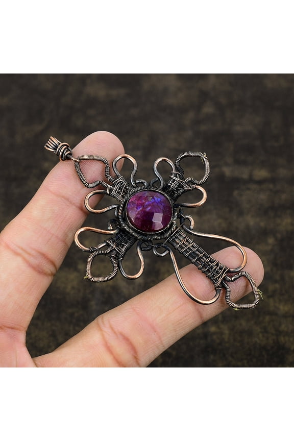 Ruby(Simulated) Gemstone Handmade Copper Wire Wrap Cross Pendant 3.54