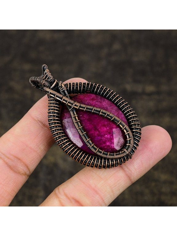 Ruby Gemstone Handmade Copper Wire Wrap Jewelry Pendant 2.29"