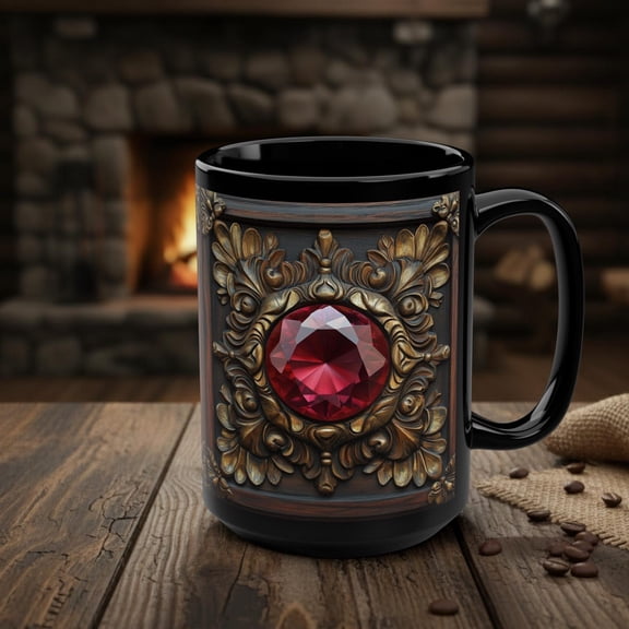 Ruby Gemstone Mug, Faux Carved Wood Look Ceramic Coffee Cup, Red Crystal Lover Gift, Artisan Jewelry Aesthetic Decor, Large Black 15oz Mug