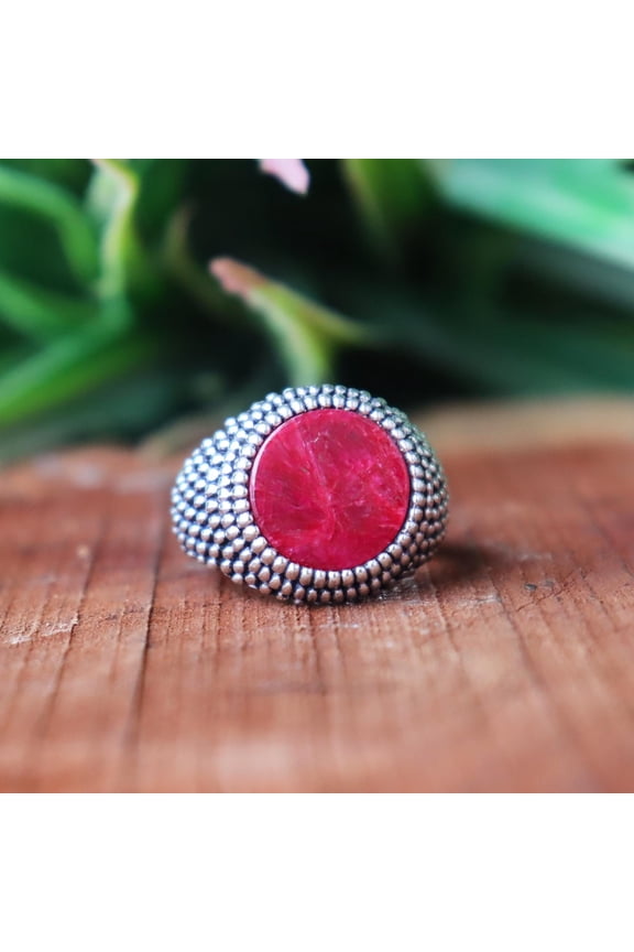 Ruby Gemstone Ring, 925 Sterling Silver Ring, Round Cabochon Ring, Handmade Gift, Boho Jewelry, Oxidized Ring, Beaded Ring, Personalize Gift