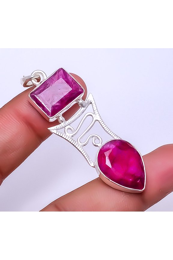 Ruby Gemstone (Simulated) 925 Silver Plated Designer Handmade Pendant 2.34" T2, Valentine's Day Gift, Birthday Gift, Beautiful Jewelry For Woman
