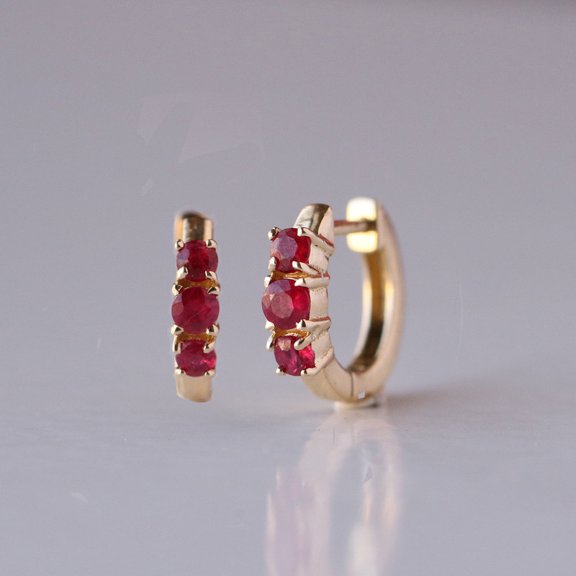 Ruby Gemstone Small Huggie Hoop Earring, 925 Sterling Silver 3 Rudy Hoop, 3 precious Fine Jewellery, Anniversary Gift Earring.