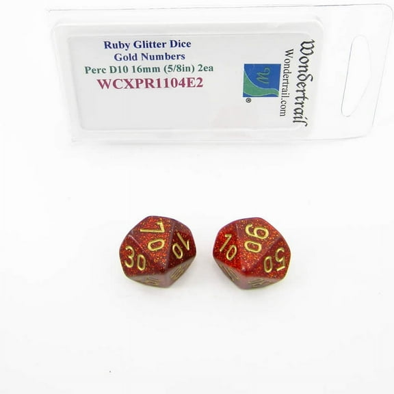 Ruby Glitter Colored Dice with Gold Colored Numbers 10s D10 Aprox 16mm (5/8in) Pack of 2 Wondertrail
