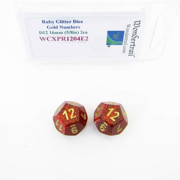 Ruby Glitter Colored Dice with Gold Colored Numbers D12 Aprox 16mm (5/8in) Pack of 2 Wondertrail