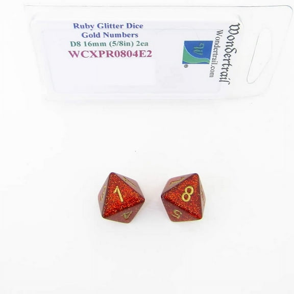 Ruby Glitter Dice with Gold Numbers D8 Aprox 16mm (5/8in) Pack of 2 Wondertrail