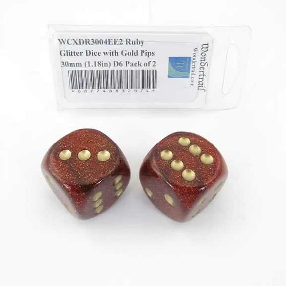 Ruby Glitter Dice with Gold Pips 30mm (1.18in) D6 Pack of 2 Wondertrail